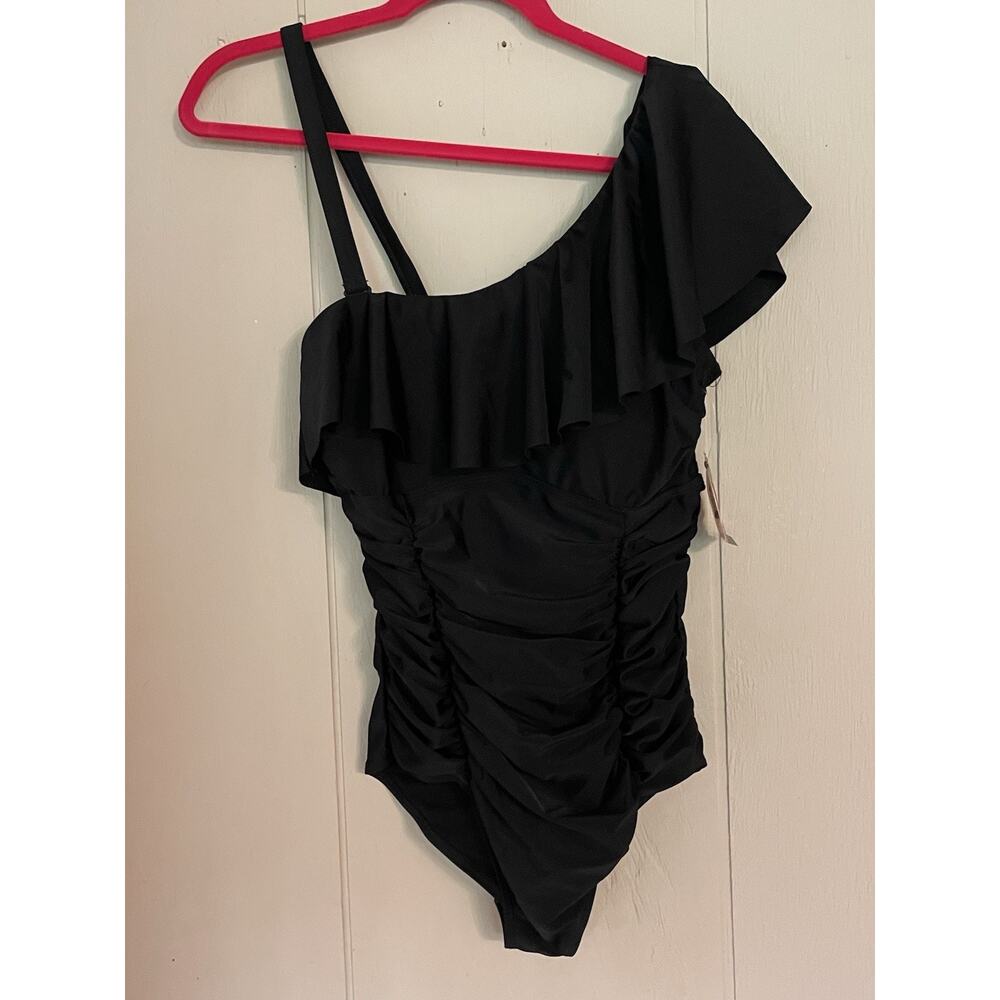 Torrid Flirt One Piece Ruffle Black Shirred Swimsuit 00 NWT L